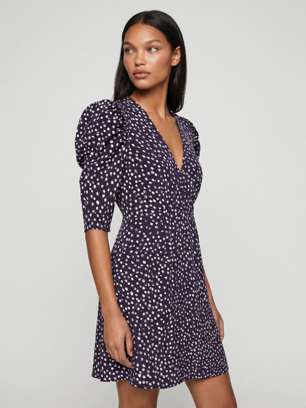 The Kooples 100% Silk Moon Dot Print Puff Sleeve Mini Dress Navy NWOT Size S